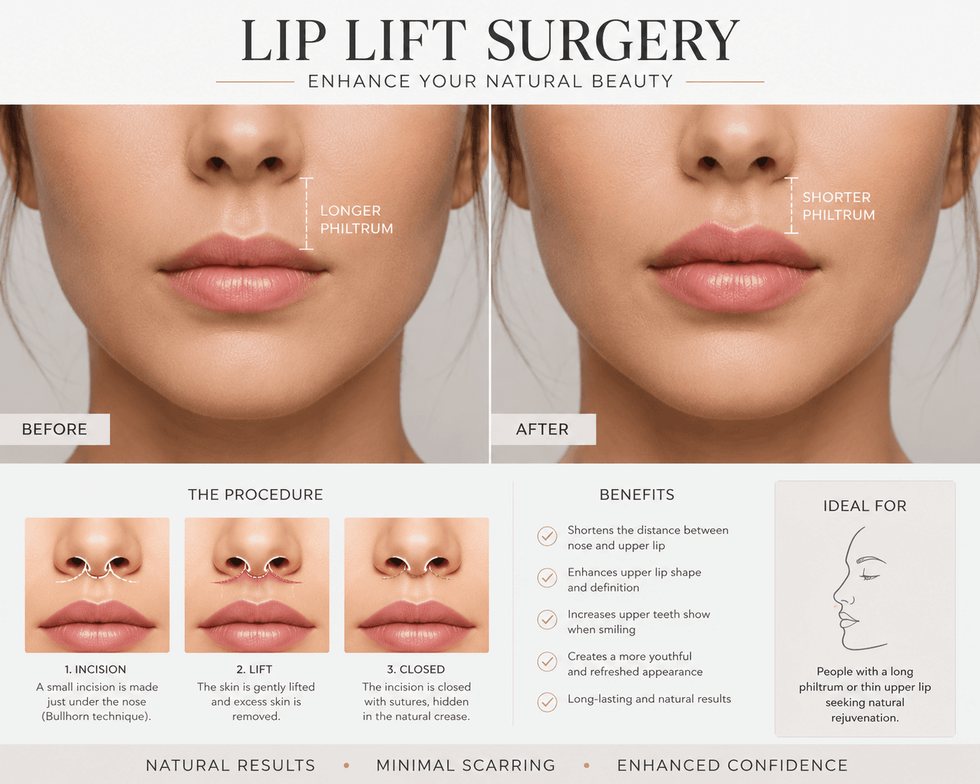 alt="Lip lift surgery before and after natural lip enhancement"